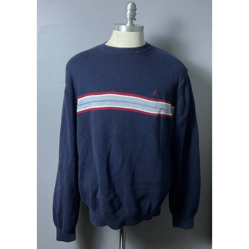 Nautica Mens XL Navy Blue Cotton Crewneck Sweater Striped Chest Logo Long Sleeve